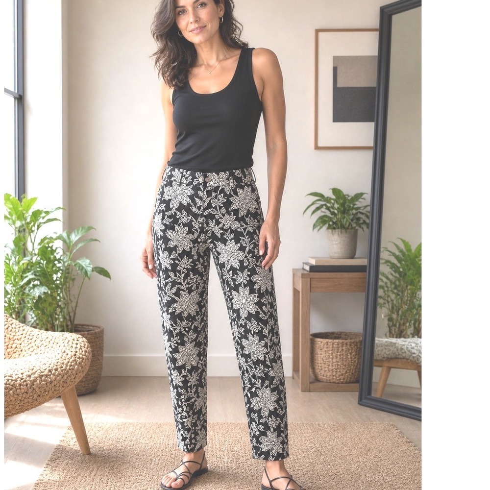 Chicos Floral Paisley Jeggings Black White Slim Fit Pants Size 12‎ 2R